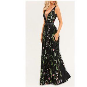 NWT Azazie FOREVER LOVABLE BLACK FLORAL EMBROIDERED MAXI DRESS | Bridesmaid